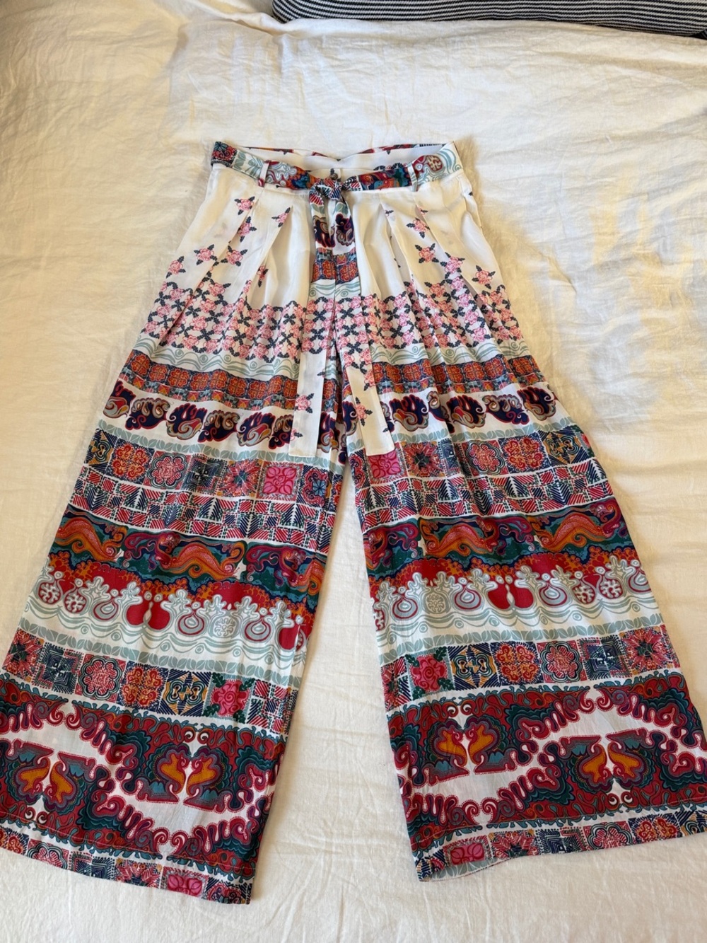 IVKO Cream Wide-Leg Boho Stripe Palazzo Pants with Multicolor Print